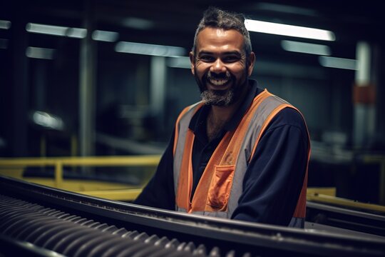 Factory worker smiles and looks at camera while working. Generative AI