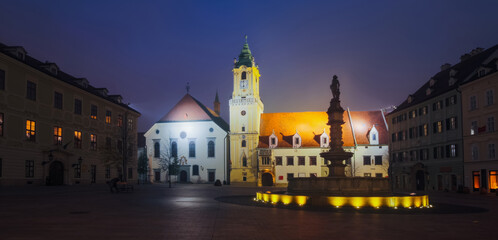 Fototapeta na wymiar Night illumination of Main Square in center of Bratislava in Slovakia.