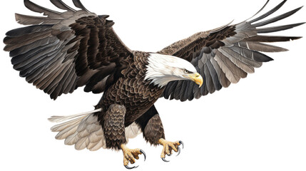 an isolated  bald eagle (Haliaeetus leucocephalus) , flying in motion and in landing position, wildlife, Wildlife-themed, photorealistic illustration on a transparent background PNG. generative ai