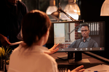 Online business meeting, employees talking on corporate videocall, coworkers chatting on teleconference using webcam software on computer. Company birefing, team telecommuting