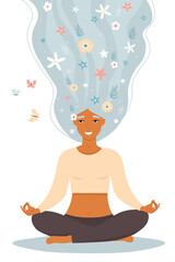 Young beautiful woman with long hair and flowers in them is doing yoga. Girl relax, meditate in the lotus position. Vector graphics.