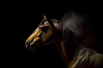Fototapeta na wymiar Horse Head on dark background and smoke, Generative AI