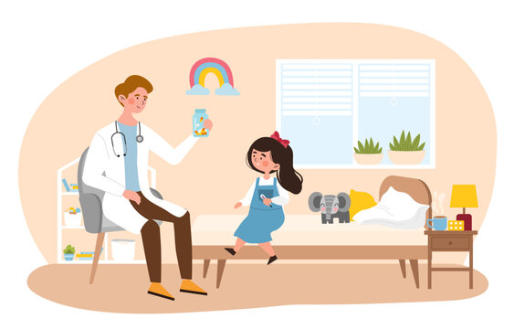 Doctor visiting child concept. Man gives pills to little girl. Pediatrician makes diagnosis and chooses method of treatment. Health care and regular check ups. Cartoon flat vector illustration