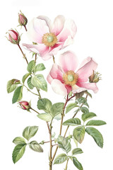 Dog roses isolated on white background, watercolor botanical illustration, spring flora for design. Generative AI