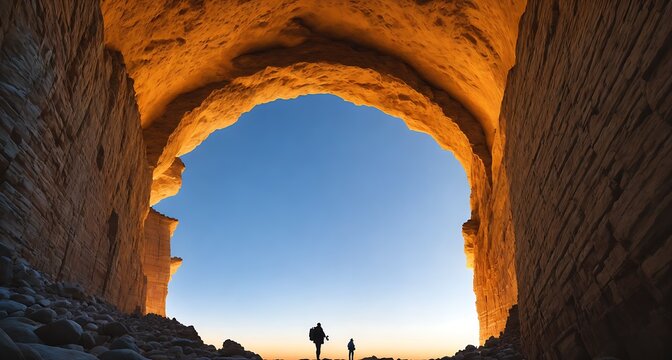 This image shows two people standing in a rocky archway at sunset, looking out towards the horizon.