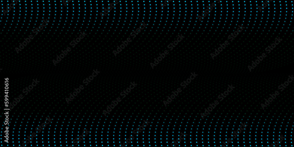 Wall mural flowing dot particles wave pattern blue and green gradient light isolated on black background. vecto