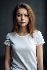 Fototapeta premium Confident young woman in blank white t-shirt looking camera on gray background, created with Generative AI
