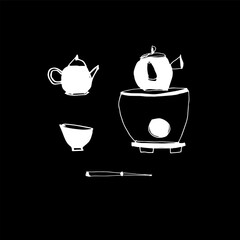 Dishes for the Japanese tea ceremony. Vector. Set of three teapots. Hand drawing, doodle, sketch. White on black. Tea club, cafe, East, traditions. Eps10