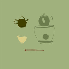 Vector set of Japanese tea ceremony items. Tea tradition and culture. Teapots, cups. Hand drawing, doodle, sketch. Green, gray, yellow. Eps10