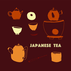 Vector set of items for the Eastern tea ceremony. Japanese tea. Teapots and cups of different types. Hand drawing, doodle, sketch. Brown, orange, yellow. Tea culture, tea drinking. Eps10
