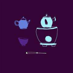 Vector set of items for the oriental tea ceremony. Japanese tea, tradition, culture. Teapots, cups. Hand drawing, doodle, sketch. Purple, turquoise. Tea culture, tea drinking. Eps10