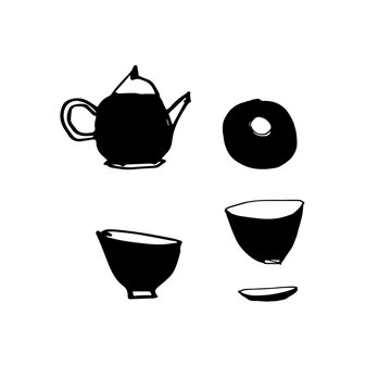 Dishes for the Japanese tea ceremony. Vector. A set of teapots and cups of various shapes. Hand drawing, doodle, sketch. Black on white. Tea club, cafe, East, traditions, antiquity. Eps10