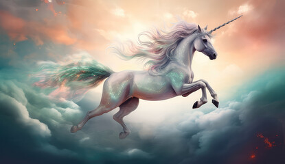 Naklejka na ściany i meble Artistic illustration of a unicorn flying through clouds and stars. Generative AI