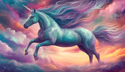 Obraz na płótnie Canvas Artistic illustration of a unicorn flying through clouds and stars. Generative AI