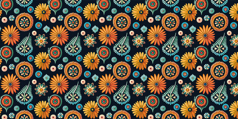 Beach cheerful seamless pattern wallpaper of leaves and flower background. Vector illustration of a seamless textile and fashionable colorful tropical floral pattern.