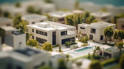 A miniature model of a residential  generic villa houses or neighbourhood in a modern style, made in the tilt-shift technique. Created with the tools of Ai
