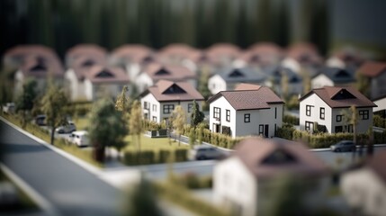 A miniature model of a residential  generic villa houses or neighbourhood in a modern style, made in the tilt-shift technique. Created with the tools of Ai