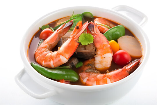 Sinigang, sour soup from Philippines made with shrimps, tamarind, tomatoes and onions AI generative Filipino dish. Generative AI