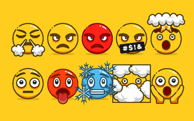Set of Cute Yellow Emoji with Outline Style