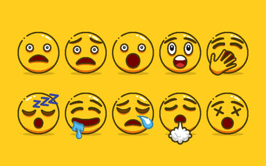 Set of Cute Yellow Emoji with Outline Style
