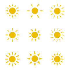 set of sun icons, pack of nine golden sun icons