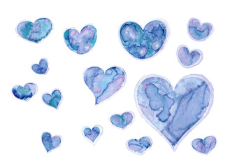 Collection of watercolor hearts on transparent background, extracted, isolated, png file