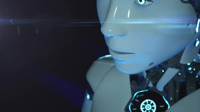 3d motion graphic animation of futuristic walking female robot face with glowing eyes