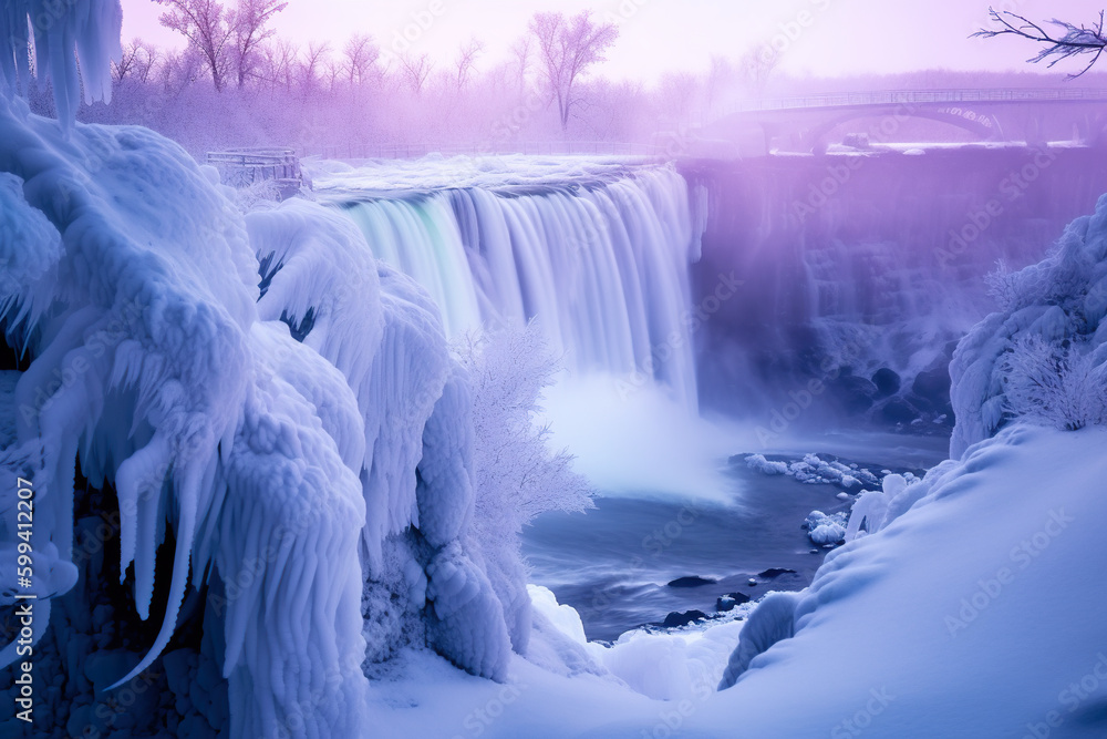 Poster a frozen waterfall in the middle of a forest. ai generative. generative ai