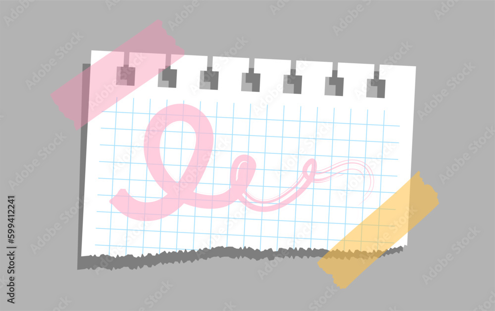 Poster notebook paper piece concept. checkered sheet with curved lines pink stamp. space for notes, memo an