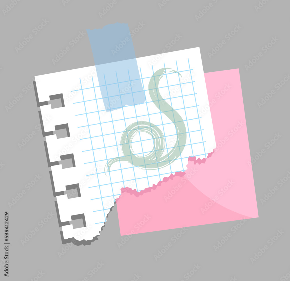 Poster notebook paper piece concept. checkered sheet with curvy green line time management and organization