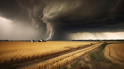 Fototapeta na wymiar Tornado rages through a field. Illustration AI Generative.