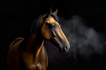 Portrait of a Head Horse Arabian in the dark background and smoke, Generative AI