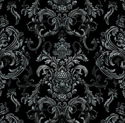 Black ornate damask wallpaper, in the style of ottoman art. Generative Ai. 
