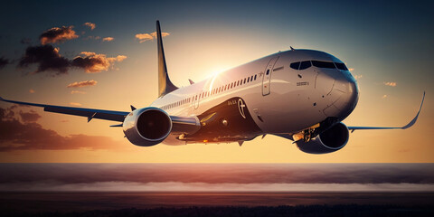 Passagierflugzeug im Landeanflug mit Abendsonne, ai generativ