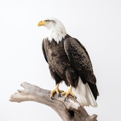 Obraz premium an isolated bald eagle (Haliaeetus leucocephalus) , sitting on a branch, preservation, Wildlife-themed, photorealistic illustration on a white background, in a JPG. Generative AI