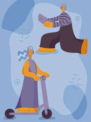 A placard depicting a man with a laptop and a girl on an electric scooter on the topic of the digitalization of society.