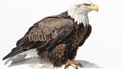 Obraz premium an isolated bald eagle (Haliaeetus leucocephalus) , sitting on a branch, preservation, Wildlife-themed, photorealistic illustration on a white background, in a JPG. Generative AI