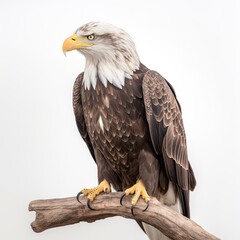 Fototapeta premium an isolated bald eagle (Haliaeetus leucocephalus) , sitting on a branch, preservation, Wildlife-themed, photorealistic illustration on a white background, in a JPG. Generative AI