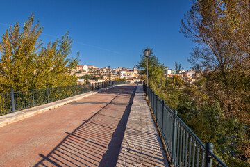 Fototapeta premium Beautiful panoramic view of Zamora roman bridge called Puente de Piedra, during Autumn season, on the Douro River, in Spain.