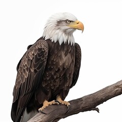 Fototapeta premium an isolated bald eagle (Haliaeetus leucocephalus) , sitting on a branch, preservation, Wildlife-themed, photorealistic illustration on a white background, in a JPG. Generative AI