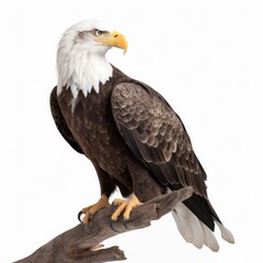 Obraz premium an isolated bald eagle (Haliaeetus leucocephalus) , sitting on a branch, preservation, Wildlife-themed, photorealistic illustration on a white background, in a JPG. Generative AI