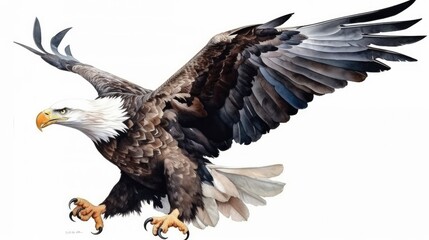 Fototapeta premium an isolated Bald Eagle in flight, majestic American symbol, Landing, Wildlife-themed, photorealistic illustration on a transparent background cutout in JPG. generative ai