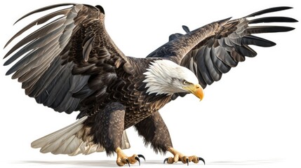 an isolated Bald Eagle in flight, majestic American symbol, Landing, Wildlife-themed, photorealistic illustration on a transparent background cutout in JPG. generative ai