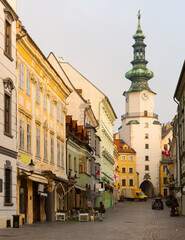 Fototapeta na wymiar Image of centre of Bratislava with Michael's Gate in the background, Slovakia