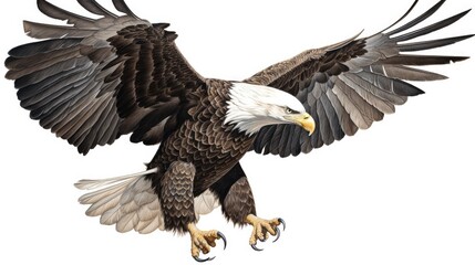 Obraz premium an isolated Bald Eagle in flight, majestic American symbol, Landing, Wildlife-themed, photorealistic illustration on a transparent background cutout in JPG. generative ai