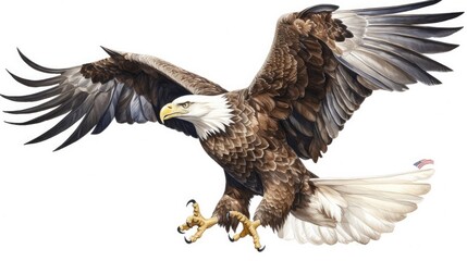 an isolated Bald Eagle in flight, majestic American symbol, Landing, Wildlife-themed, photorealistic illustration on a transparent background cutout in JPG. generative ai