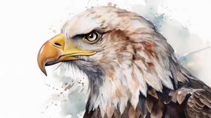 Fototapeta premium a Bald Eagle portrait, in a watercolor style, perfect for a t-shirt/apparel design. rainforest wildlife, Wildlife-themed, photorealistic illustration on a watercolor background in JPG. generative ai