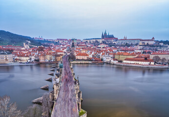 Fototapeta premium Aerial shot of Charles Bridge and Vltava river, Prague, Czech Republic