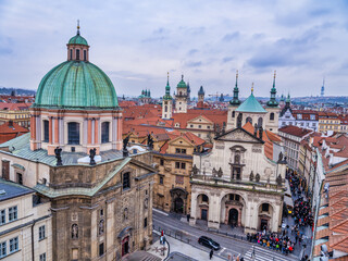 Fototapeta na wymiar Aerial shot of Charles Bridge square and the dome, Prague, Czech Republic