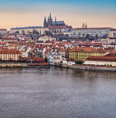 Fototapeta na wymiar Panorama shot of Mala Strana and the catle on Vltava river, Prague, Czech Republic